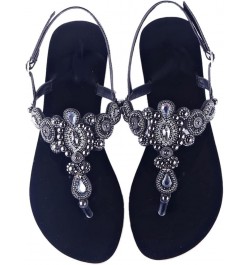 Summer Women Beach Flat Sandals Retro String Bead Shoes Boho T-Strap Diamond Slipper 39 Black $19.30 Sandals