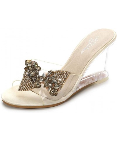 Clear Wedges Sandals High Heel Slip On with Rhinestone Bow Nude $30.59 Sandals