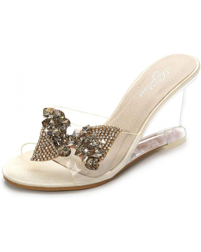 Clear Wedges Sandals High Heel Slip On with Rhinestone Bow Nude $30.59 Sandals