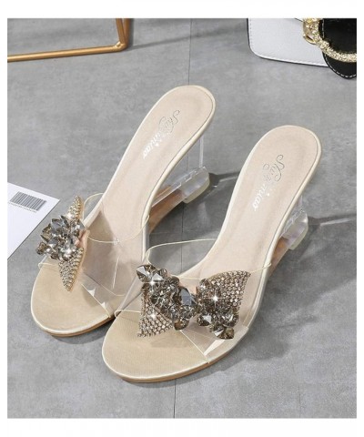 Clear Wedges Sandals High Heel Slip On with Rhinestone Bow Nude $30.59 Sandals