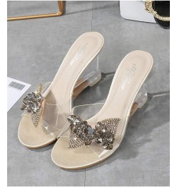 Clear Wedges Sandals High Heel Slip On with Rhinestone Bow Nude $30.59 Sandals