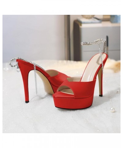 Platform Stiletto Heels Women Peep Toe Chain Heeled Sandals 5.5 Inch Sky High Heels Rhinstones Lobster-claw Ankle Strap Shoes...