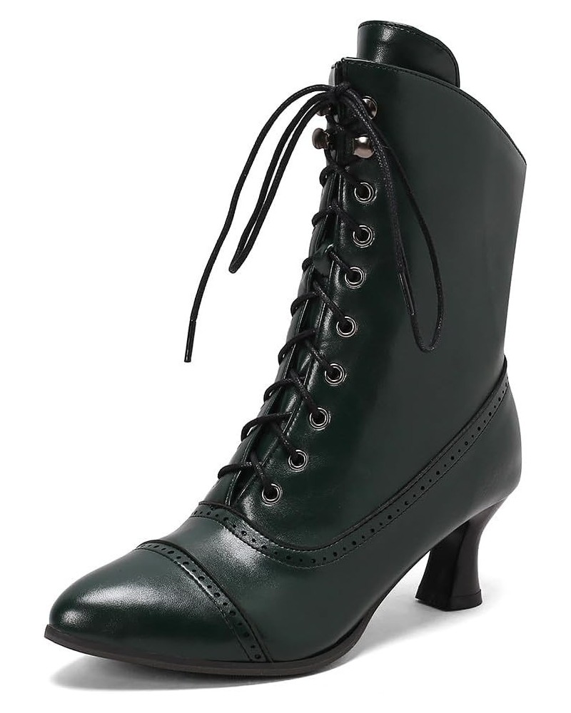 Ankle Boot For Women Short Booties Zipper Lace Up Flared Heel Pointed Toe Casual Cute Elegant Shoes Green $28.55 Boots