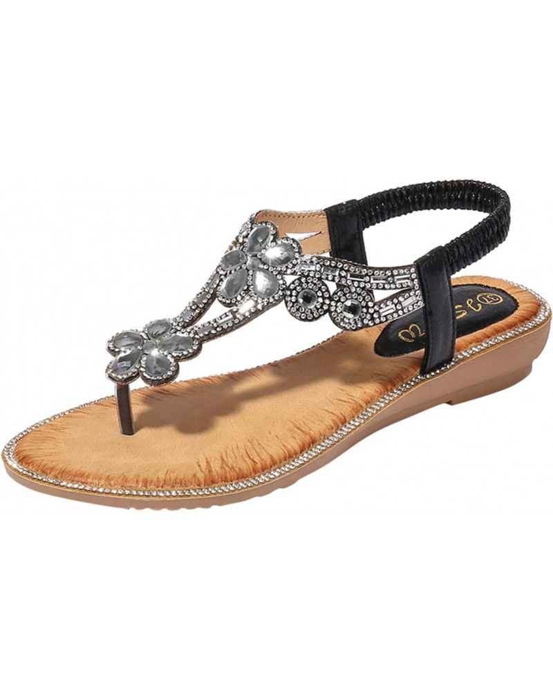 Sandals Women Dressy Summer T-Strap Beaded Flower Rhinestone Sandals Clip Toe Wedge Sandals Women $14.69 Outdoor Shoes