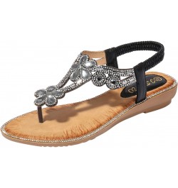 Sandals Women Dressy Summer T-Strap Beaded Flower Rhinestone Sandals Clip Toe Wedge Sandals Women $14.69 Outdoor Shoes