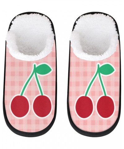 Mens Womens Slippers Pink Check Cherry Print Fuzzy Slipper Plush Lining Comfort Socks Shoes Indoor House Slippers Washable $1...