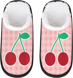 Mens Womens Slippers Pink Check Cherry Print Fuzzy Slipper Plush Lining Comfort Socks Shoes Indoor House Slippers Washable $1...