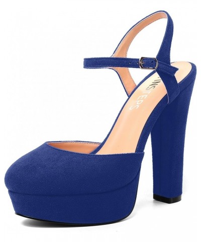 Womens Party Sexy Ankle Strap Solid Suede Buckle Round Toe Block High Heel Pumps Shoes 5 Inch Royal Blue $42.13 Pumps