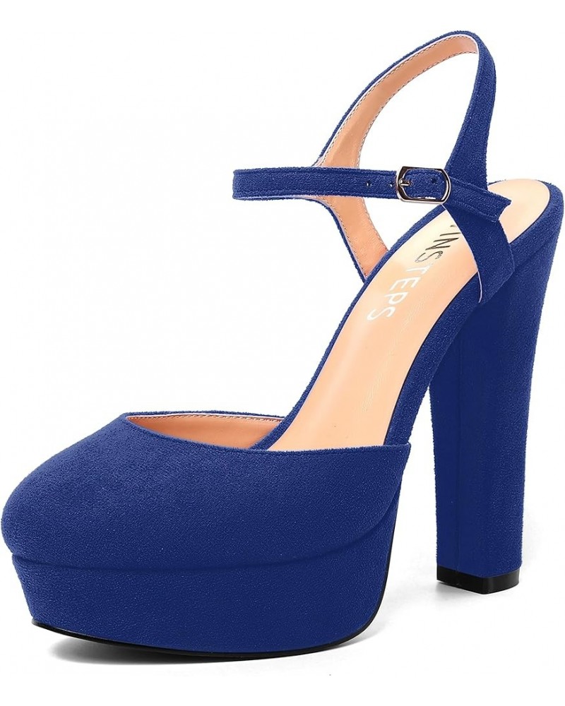 Womens Party Sexy Ankle Strap Solid Suede Buckle Round Toe Block High Heel Pumps Shoes 5 Inch Royal Blue $42.13 Pumps