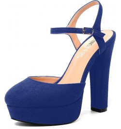 Womens Party Sexy Ankle Strap Solid Suede Buckle Round Toe Block High Heel Pumps Shoes 5 Inch Royal Blue $42.13 Pumps