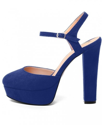 Womens Party Sexy Ankle Strap Solid Suede Buckle Round Toe Block High Heel Pumps Shoes 5 Inch Royal Blue $42.13 Pumps