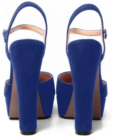 Womens Party Sexy Ankle Strap Solid Suede Buckle Round Toe Block High Heel Pumps Shoes 5 Inch Royal Blue $42.13 Pumps