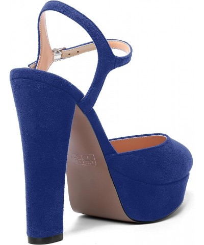 Womens Party Sexy Ankle Strap Solid Suede Buckle Round Toe Block High Heel Pumps Shoes 5 Inch Royal Blue $42.13 Pumps