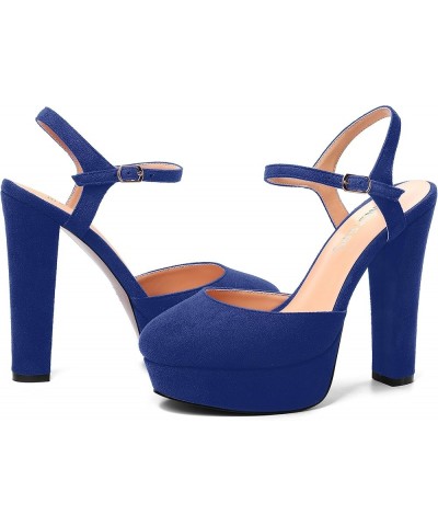 Womens Party Sexy Ankle Strap Solid Suede Buckle Round Toe Block High Heel Pumps Shoes 5 Inch Royal Blue $42.13 Pumps