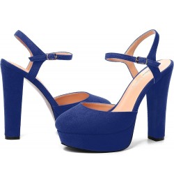 Womens Party Sexy Ankle Strap Solid Suede Buckle Round Toe Block High Heel Pumps Shoes 5 Inch Royal Blue $42.13 Pumps