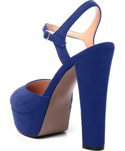 Womens Party Sexy Ankle Strap Solid Suede Buckle Round Toe Block High Heel Pumps Shoes 5 Inch Royal Blue $42.13 Pumps