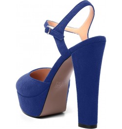 Womens Party Sexy Ankle Strap Solid Suede Buckle Round Toe Block High Heel Pumps Shoes 5 Inch Royal Blue $42.13 Pumps