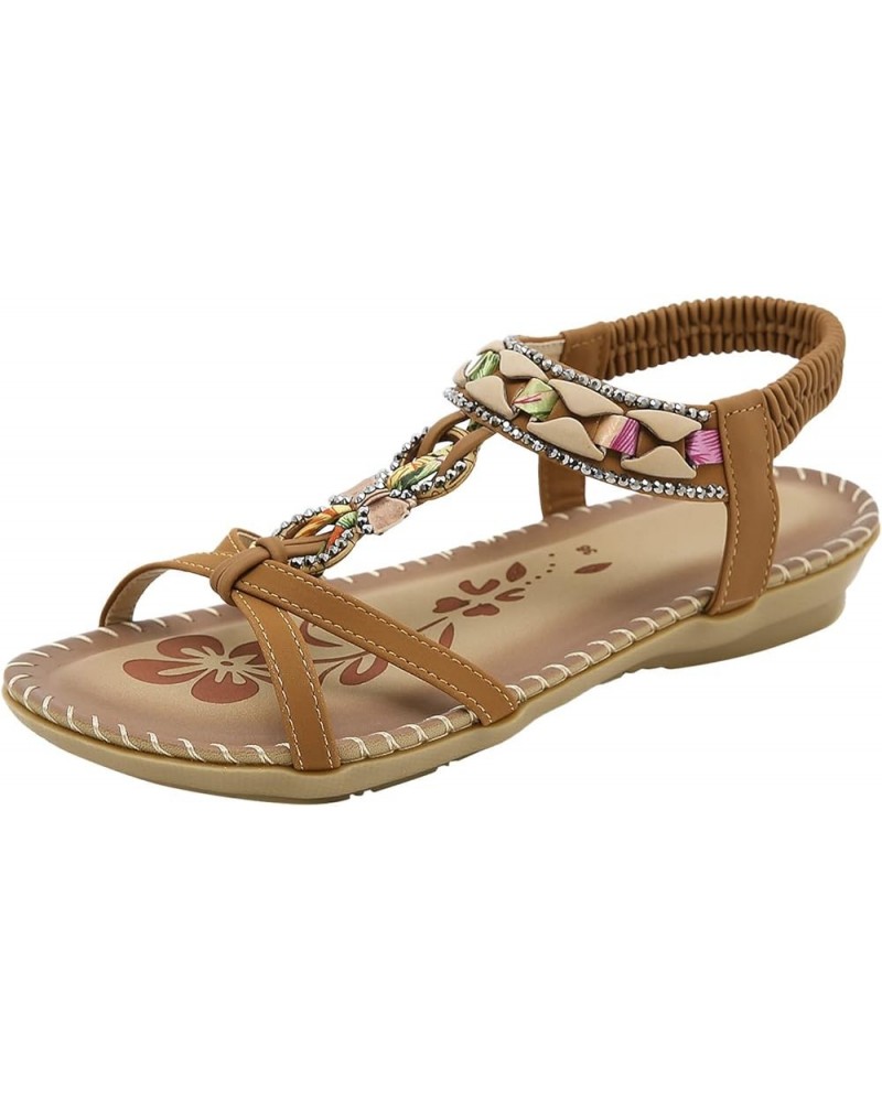 Coral Sandals for Women Summer Fashion Women Casual Open Toe Flat Rhinestone Comfortable Soft Bottom Breathable Brown 8 $12.6...