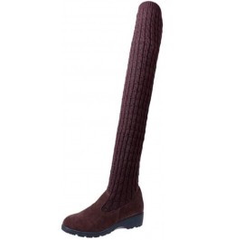 Women's Autumn Knitted Wedge Heel Knee High Boots Elastic Warm Winter Shoes Brown $17.35 Boots