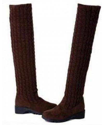 Women's Autumn Knitted Wedge Heel Knee High Boots Elastic Warm Winter Shoes Brown $17.35 Boots