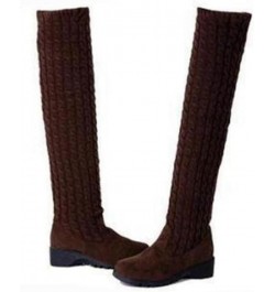 Women's Autumn Knitted Wedge Heel Knee High Boots Elastic Warm Winter Shoes Brown $17.35 Boots