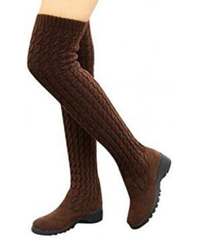 Women's Autumn Knitted Wedge Heel Knee High Boots Elastic Warm Winter Shoes Brown $17.35 Boots