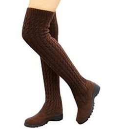 Women's Autumn Knitted Wedge Heel Knee High Boots Elastic Warm Winter Shoes Brown $17.35 Boots