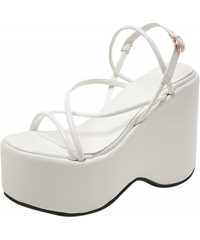 Womens Thong Sandals Ladies Fashion Summer Solid Color Leather Strap Open Toe Buckle Wedge Heel Thick Sole Sandals (White, 8....