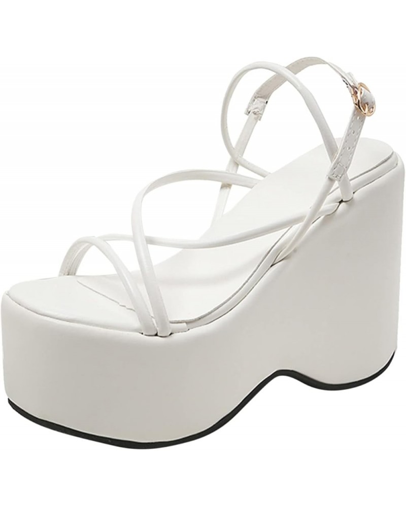 Womens Thong Sandals Ladies Fashion Summer Solid Color Leather Strap Open Toe Buckle Wedge Heel Thick Sole Sandals (White, 8....