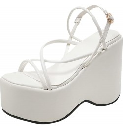 Womens Thong Sandals Ladies Fashion Summer Solid Color Leather Strap Open Toe Buckle Wedge Heel Thick Sole Sandals (White, 8....