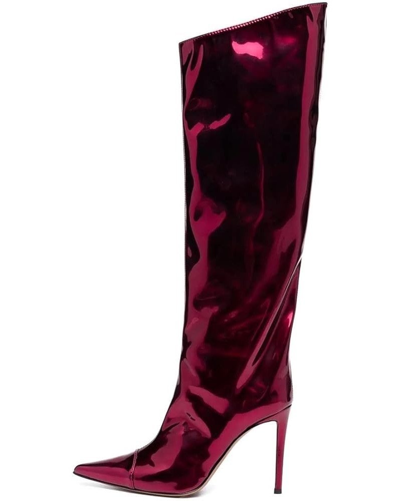 Women's Patent Leather Knee High Boots Sexy Pointed Toe Stiletto High Heels Metallic Bright Leather Side Zipper Booties Dress...