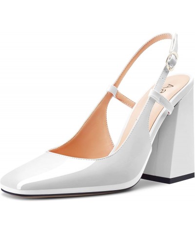 Women Pumps Square Toe Slingback Ankle Strap Chunky Block High Heel Dress Shoes Party Wedding Patent 4 Inch White $40.49 Pumps