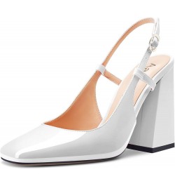 Women Pumps Square Toe Slingback Ankle Strap Chunky Block High Heel Dress Shoes Party Wedding Patent 4 Inch White $40.49 Pumps