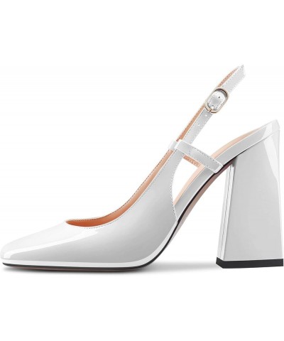 Women Pumps Square Toe Slingback Ankle Strap Chunky Block High Heel Dress Shoes Party Wedding Patent 4 Inch White $40.49 Pumps