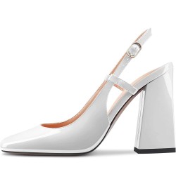 Women Pumps Square Toe Slingback Ankle Strap Chunky Block High Heel Dress Shoes Party Wedding Patent 4 Inch White $40.49 Pumps