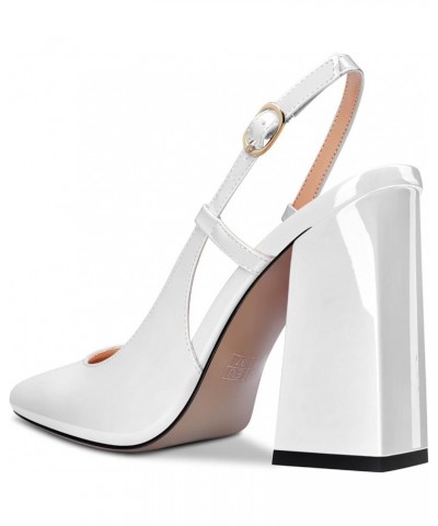 Women Pumps Square Toe Slingback Ankle Strap Chunky Block High Heel Dress Shoes Party Wedding Patent 4 Inch White $40.49 Pumps