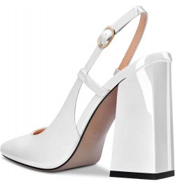 Women Pumps Square Toe Slingback Ankle Strap Chunky Block High Heel Dress Shoes Party Wedding Patent 4 Inch White $40.49 Pumps