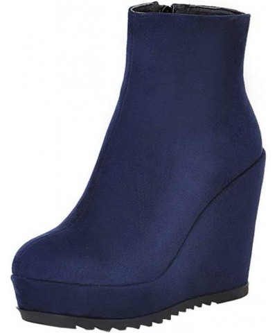 Womens Wedge Platform Ankle Boots High Heel Zip Up Autumn Winter Boots Blue $23.44 Boots