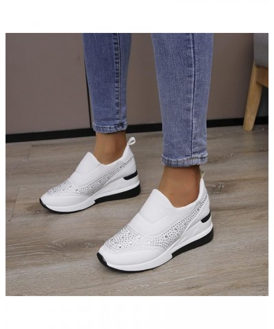 Ladies Fashion Rhinestone Leather Cloth Patched Thick Sole Wedges Heel Casual Sports Shoes Womens Casual Shoes (White, 6.5) W...