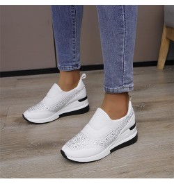 Ladies Fashion Rhinestone Leather Cloth Patched Thick Sole Wedges Heel Casual Sports Shoes Womens Casual Shoes (White, 6.5) W...