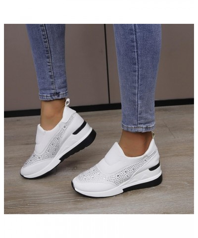 Ladies Fashion Rhinestone Leather Cloth Patched Thick Sole Wedges Heel Casual Sports Shoes Womens Casual Shoes (White, 6.5) W...