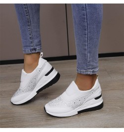 Ladies Fashion Rhinestone Leather Cloth Patched Thick Sole Wedges Heel Casual Sports Shoes Womens Casual Shoes (White, 6.5) W...