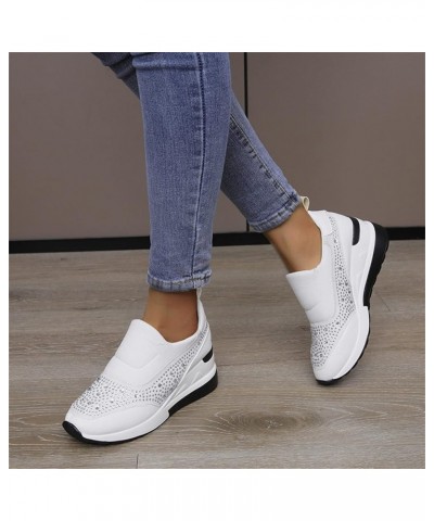 Ladies Fashion Rhinestone Leather Cloth Patched Thick Sole Wedges Heel Casual Sports Shoes Womens Casual Shoes (White, 6.5) W...