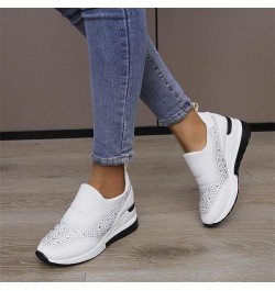 Ladies Fashion Rhinestone Leather Cloth Patched Thick Sole Wedges Heel Casual Sports Shoes Womens Casual Shoes (White, 6.5) W...