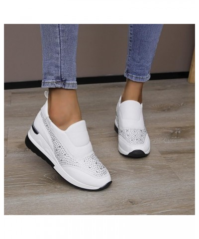 Ladies Fashion Rhinestone Leather Cloth Patched Thick Sole Wedges Heel Casual Sports Shoes Womens Casual Shoes (White, 6.5) W...