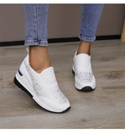 Ladies Fashion Rhinestone Leather Cloth Patched Thick Sole Wedges Heel Casual Sports Shoes Womens Casual Shoes (White, 6.5) W...