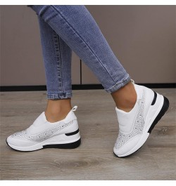 Ladies Fashion Rhinestone Leather Cloth Patched Thick Sole Wedges Heel Casual Sports Shoes Womens Casual Shoes (White, 6.5) W...