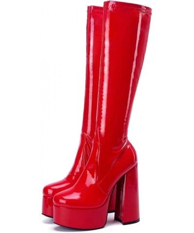 Chunky Platform High Heeled Bootie, Red Block High Heels Boots, Special Design Strech Fabric Knee Calf Shoe For Women Red $44...