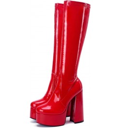 Chunky Platform High Heeled Bootie, Red Block High Heels Boots, Special Design Strech Fabric Knee Calf Shoe For Women Red $44...