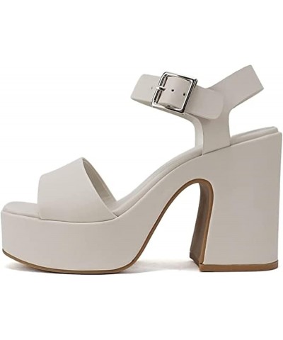 Launch ~ Women Open Toe Ankle Strap Platform Chunky High Heeled Sandal White Pu $26.00 Sandals